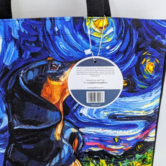 Tote Bag Black Tan Dachshund Night By Aja Trier Poly Poplin Multicolor Print NWT - Picture 8 of 9
